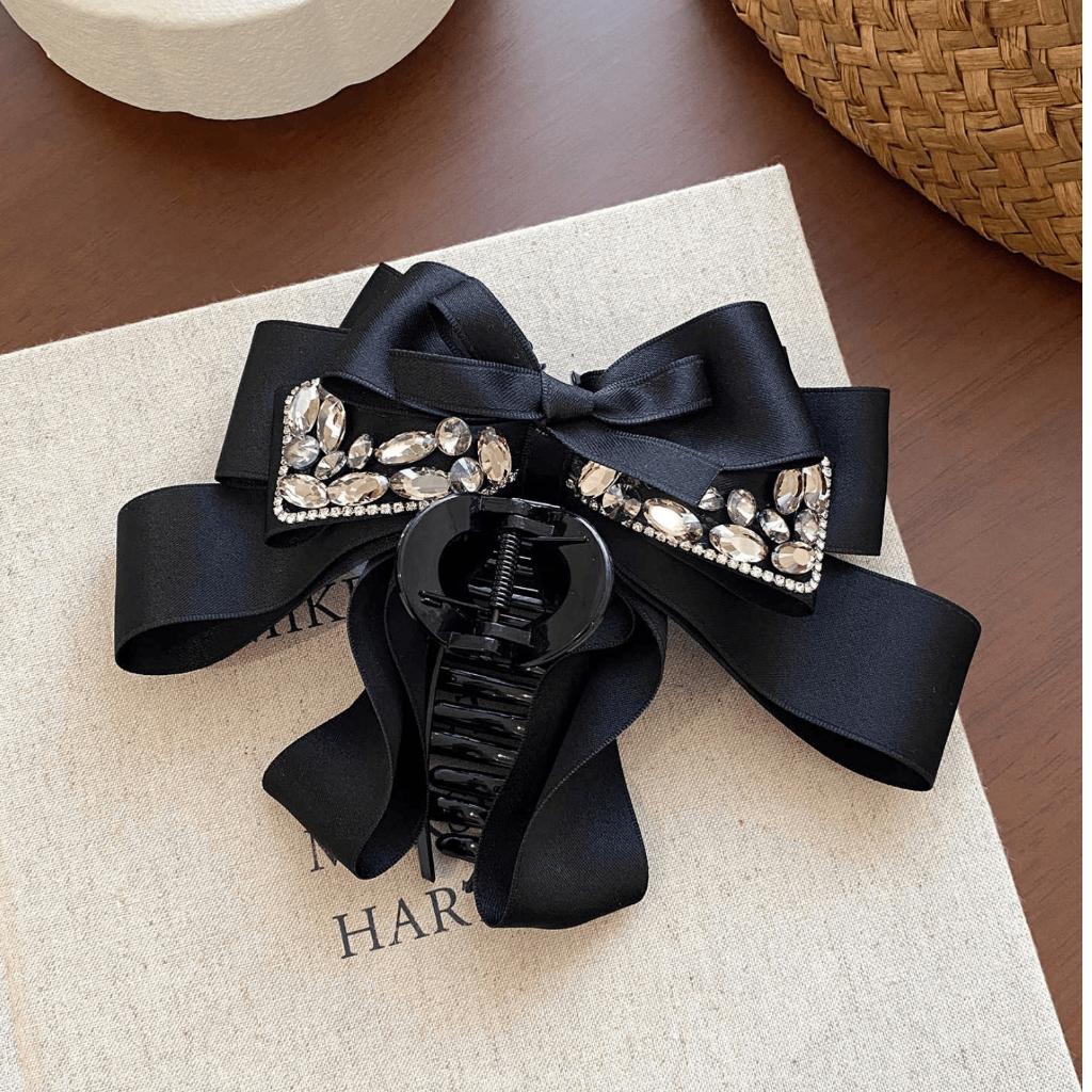 Kẹp Tóc Nơ Vải Satin Size 13cm Đính Đá Phong Cách Hàn Quốc