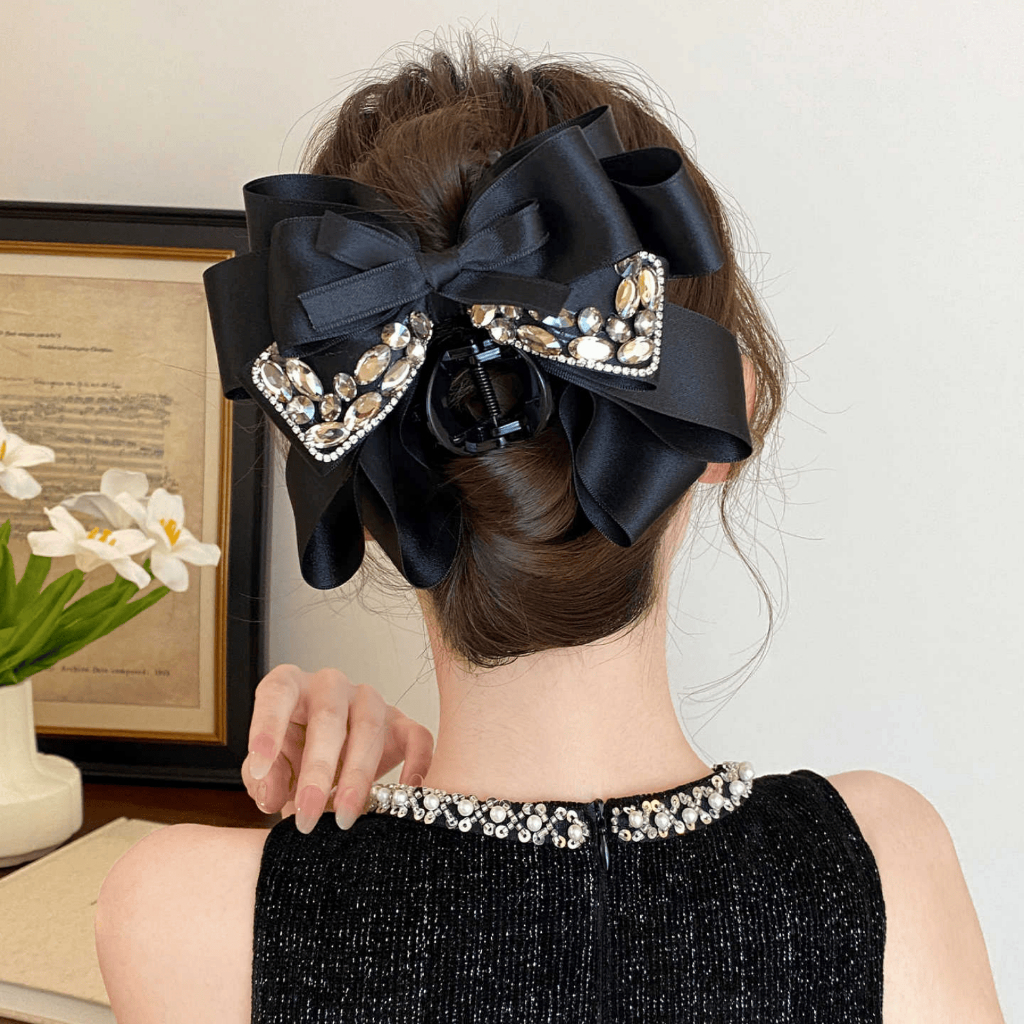 Kẹp Tóc Nơ Vải Satin Size 13cm Đính Đá Phong Cách Hàn Quốc