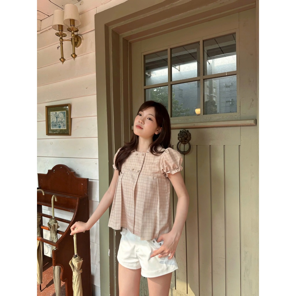Áo Nữ MENCHI TOP Tay Phồng Họa Tiết Caro Phối Nút Đáng Yêu SECODEE