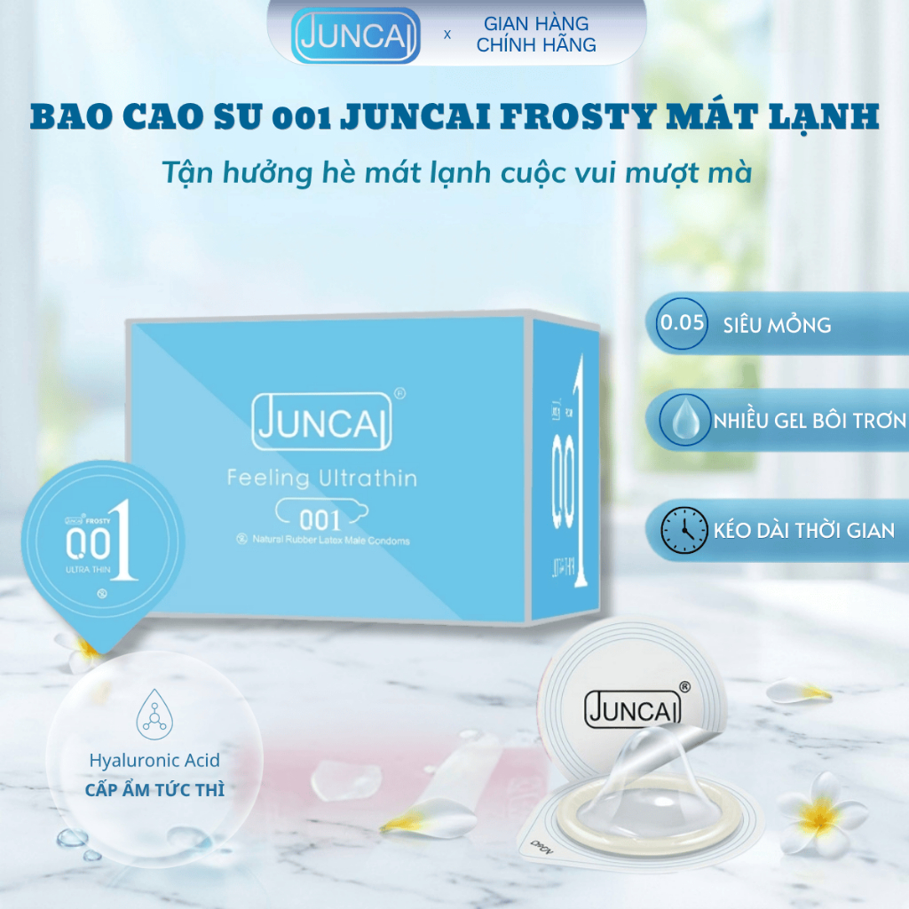 Bao cao su 001 JUNCAI Frosty mát lạnh ngày hè, bcs siêu mỏng nhiều gel tăng cảm giác, Hộp 10 chiếc SD4