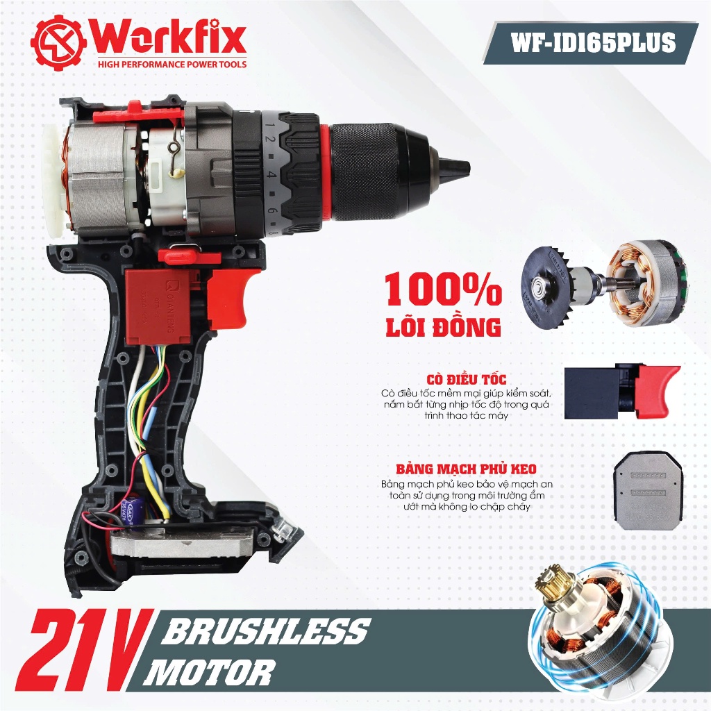 Máy Khoan Vặn Vít Đa Năng Workfix WF-ID165PLUS – Lực Siết 165N–Không Chổi Than – Khoan Gỗ, Sắt, Tường – Full Phụ Kiện