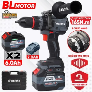 Máy Khoan Pin Workfix WF-ID165PLUS 13mm, Không Chổi Than, Anti Kickback, AutoLock, Đầu Kim Loại