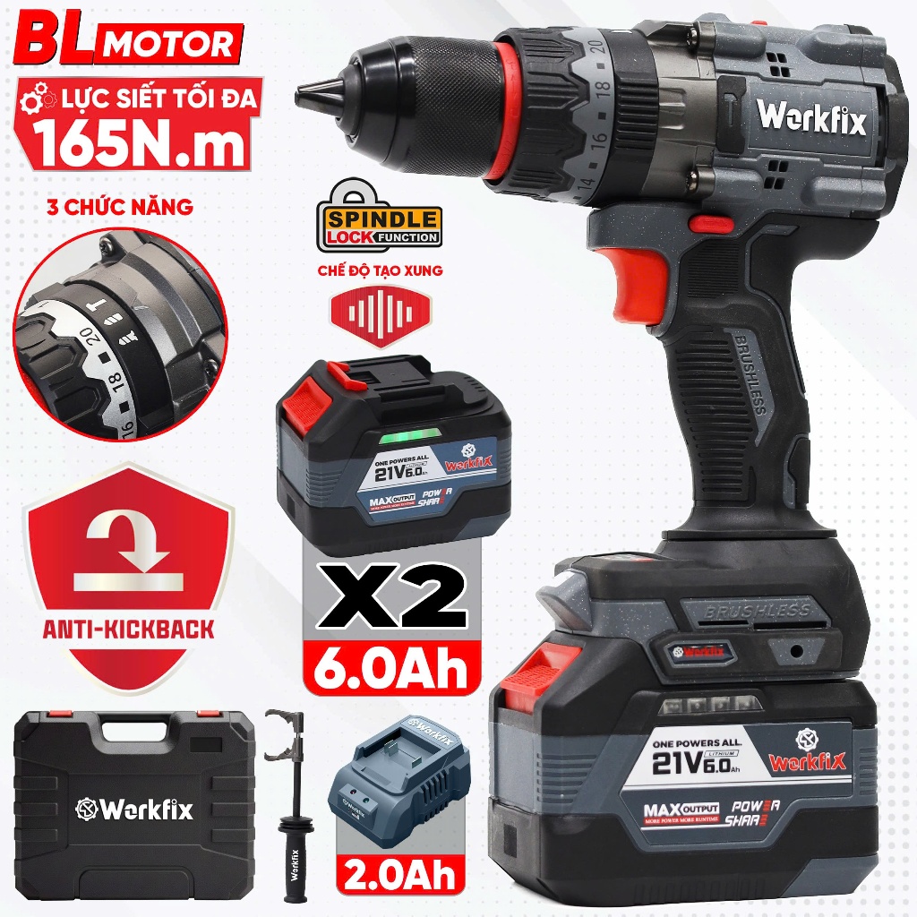 Máy Khoan Vặn Vít Đa Năng Workfix WF-ID165PLUS – Lực Siết 165N–Không Chổi Than – Khoan Gỗ, Sắt, Tường – Full Phụ Kiện