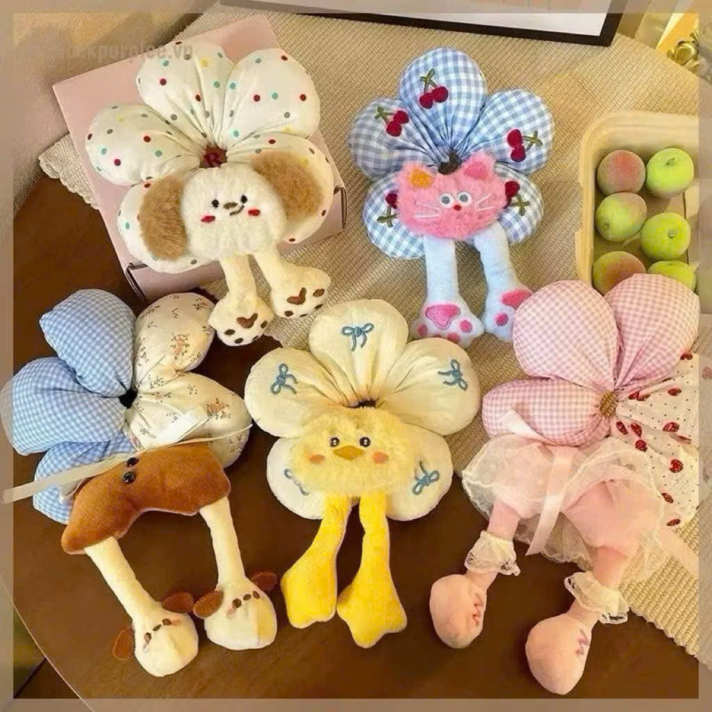 Cột Scrunchie vải hoa 5 cánh nhiều màu đính họa tiết bông hoa thú cưng nhiều mẫu hoạt hình dễ thương