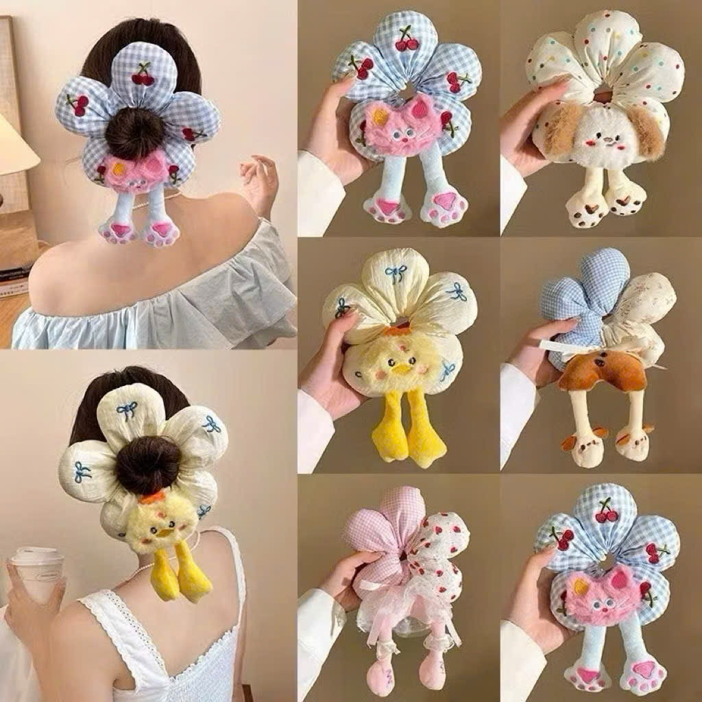Cột Scrunchie vải hoa 5 cánh nhiều màu đính họa tiết bông hoa thú cưng nhiều mẫu hoạt hình dễ thương