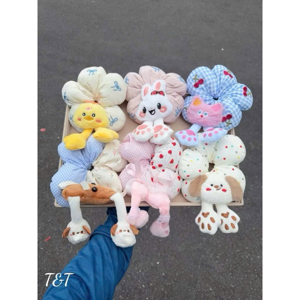 Cột Scrunchie vải hoa 5 cánh nhiều màu đính họa tiết bông hoa thú cưng nhiều mẫu hoạt hình dễ thương