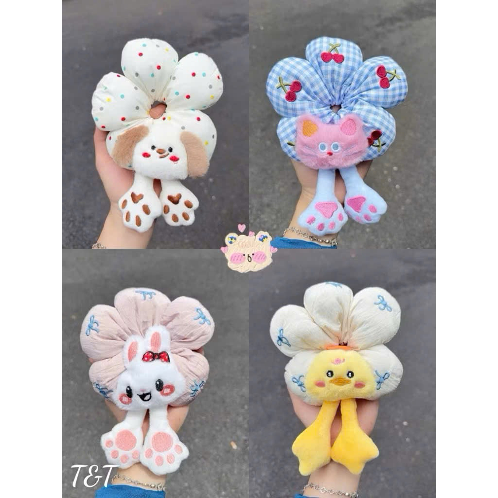 Cột Scrunchie vải hoa 5 cánh nhiều màu đính họa tiết bông hoa thú cưng nhiều mẫu hoạt hình dễ thương