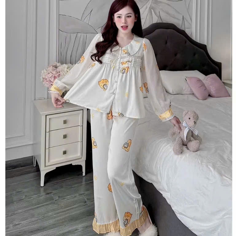 Đồ ngủ lụa lạnh cao cấp,đồ bộ dài tay nữ mùa hè,đồ ngủ tiểu thư Latin mềm mát họa tiết dễ thương[69]