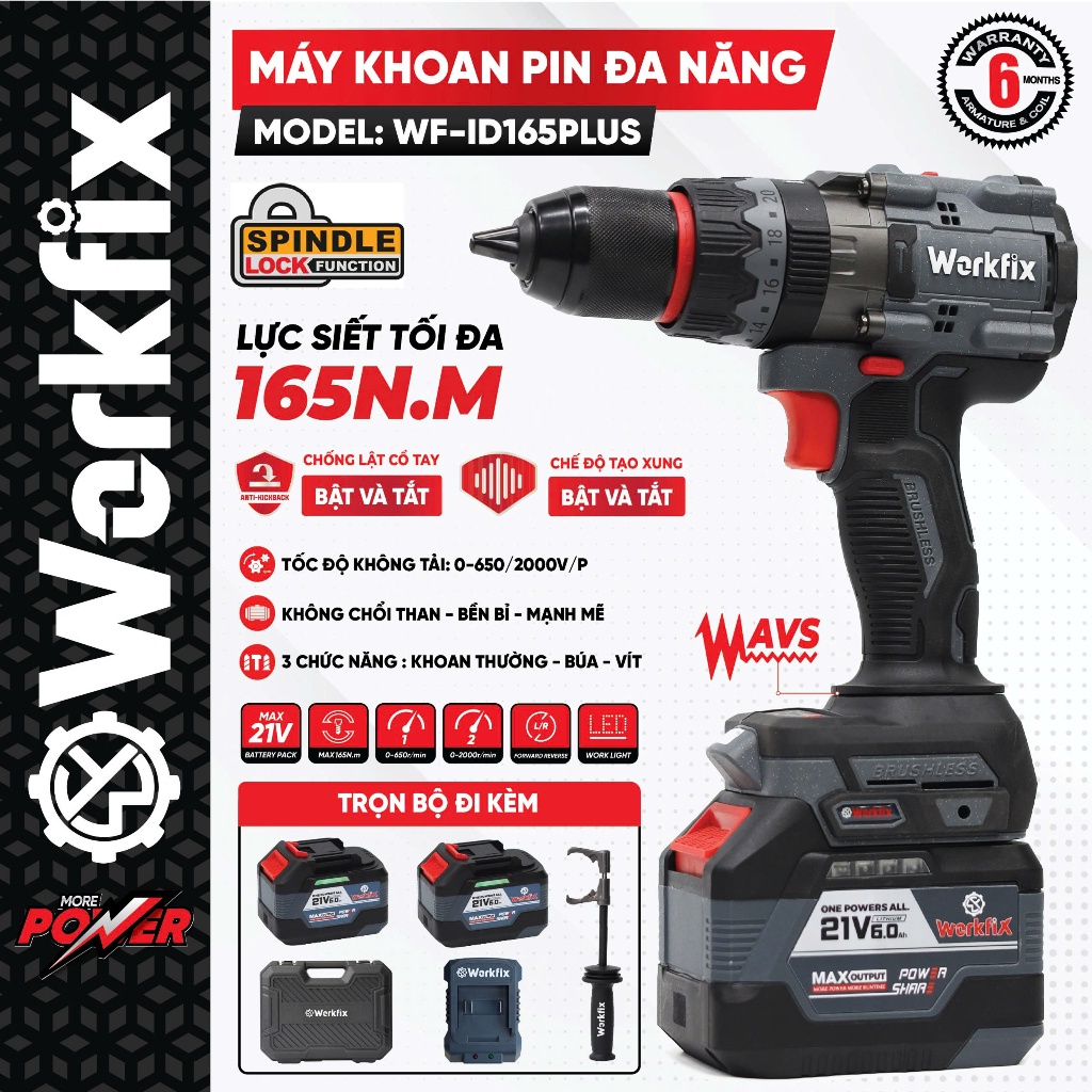 Máy Khoan Vặn Vít Đa Năng Workfix WF-ID165PLUS – Lực Siết 165N–Không Chổi Than – Khoan Gỗ, Sắt, Tường – Full Phụ Kiện