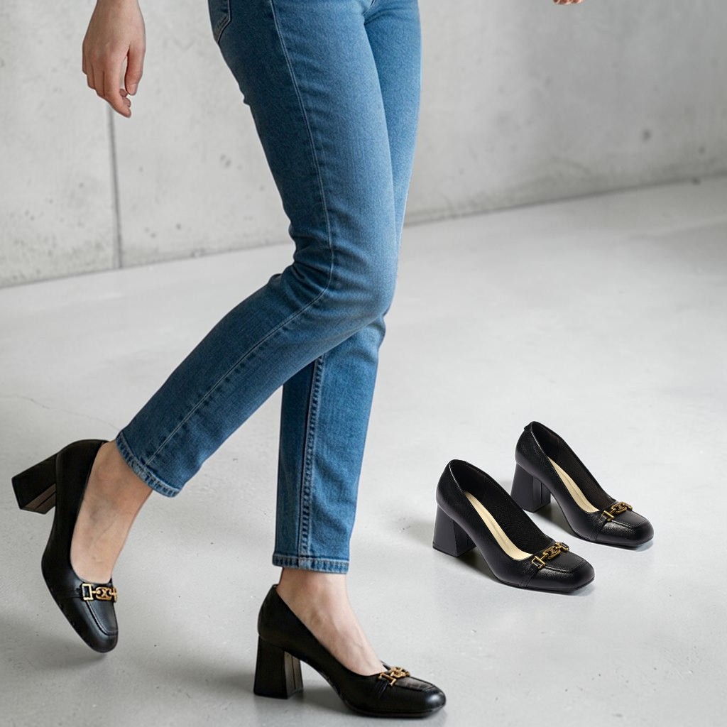 Giày Cao Gót Nữ 7cm Mũi Vuông Phối Khoá Nhỏ Êm Chân Pixie H447