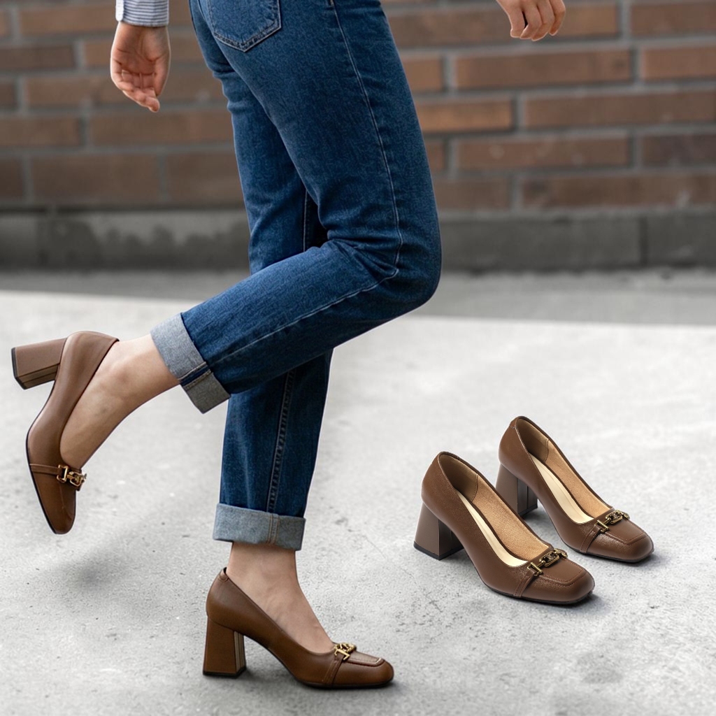 Giày Cao Gót Nữ 7cm Mũi Vuông Phối Khoá Nhỏ Êm Chân Pixie H447