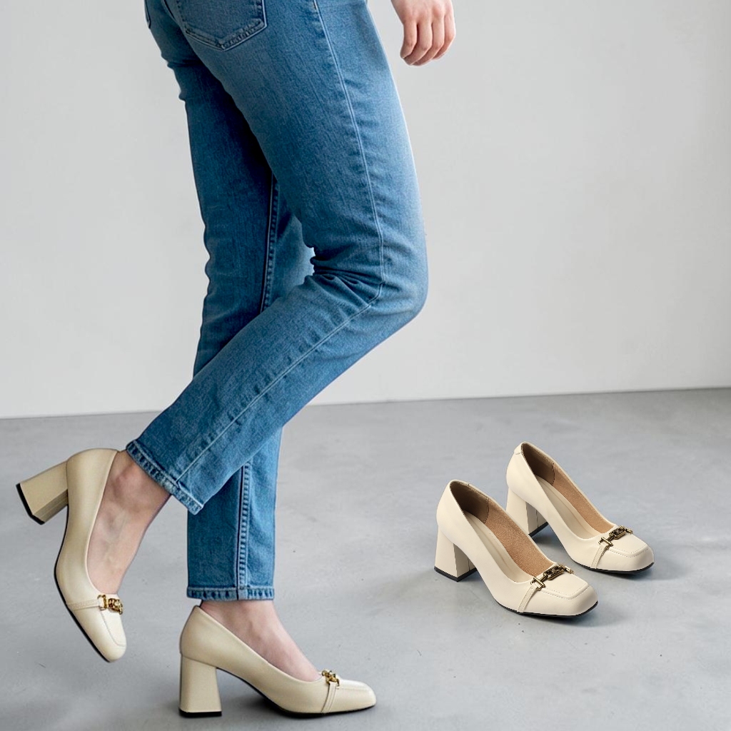 Giày Cao Gót Nữ 7cm Mũi Vuông Phối Khoá Nhỏ Êm Chân Pixie H447