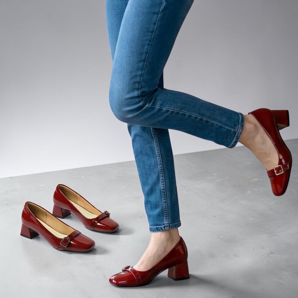 Giày Cao Gót Nữ 4cm Mũi Vuông Phối Khoá Da Bóng Thanh Lịch Pixie H448