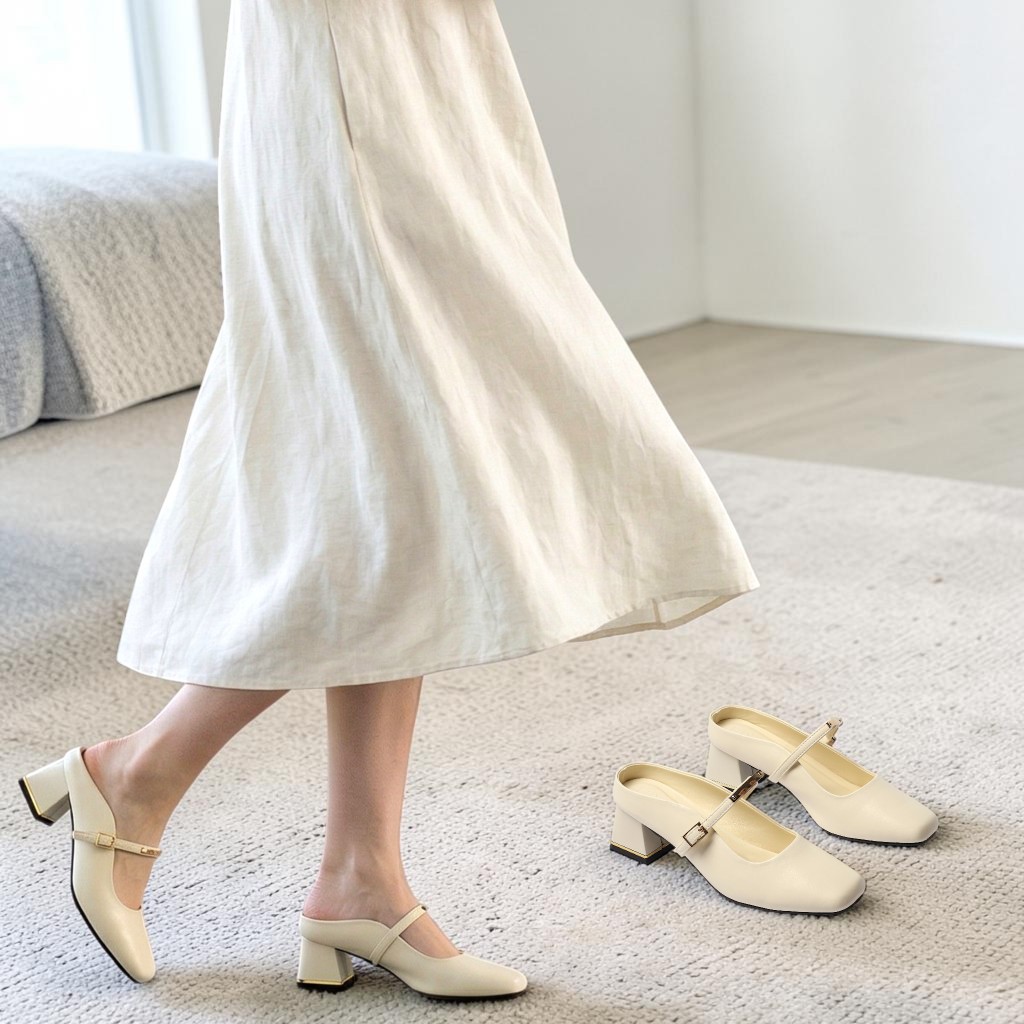 Giày Sục Nữ Mũi Vuông 4cm Quai Ngang Đính Khoá Pixie H449