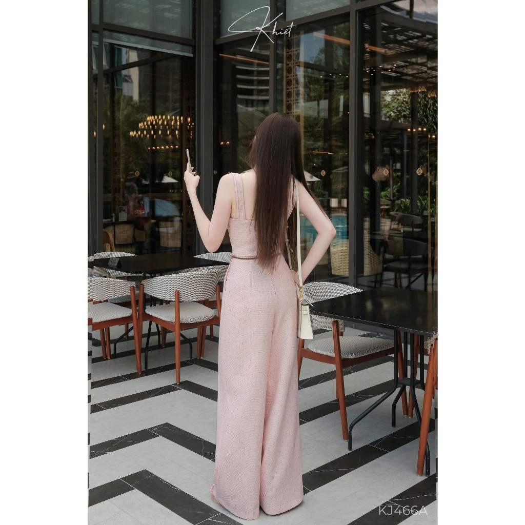 Jump dài Khiết hồng nhạt ống rộng chất tweed dày dặn phối belt thắt lưng phong cách sang chảnh KJ566A
