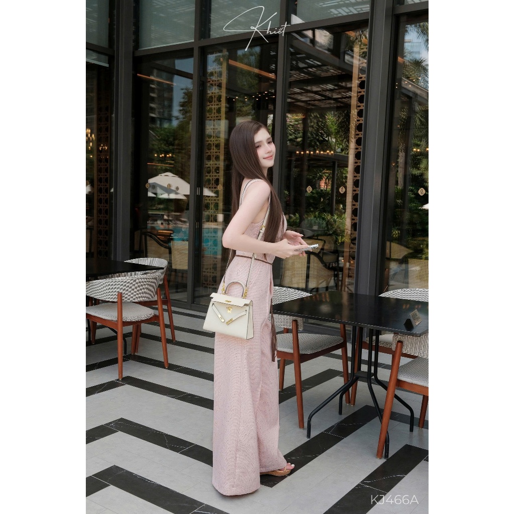 Jump dài Khiết hồng nhạt ống rộng chất tweed dày dặn phối belt thắt lưng phong cách sang chảnh KJ566A