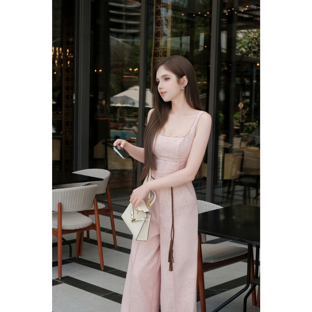 Jump dài Khiết hồng nhạt ống rộng chất tweed dày dặn phối belt thắt lưng phong cách sang chảnh KJ566A
