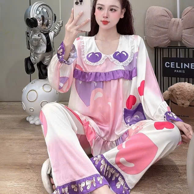 Đồ ngủ lụa lạnh cao cấp,đồ bộ dài tay nữ mùa hè,đồ ngủ tiểu thư Latin mềm mát họa tiết dễ thương[69]