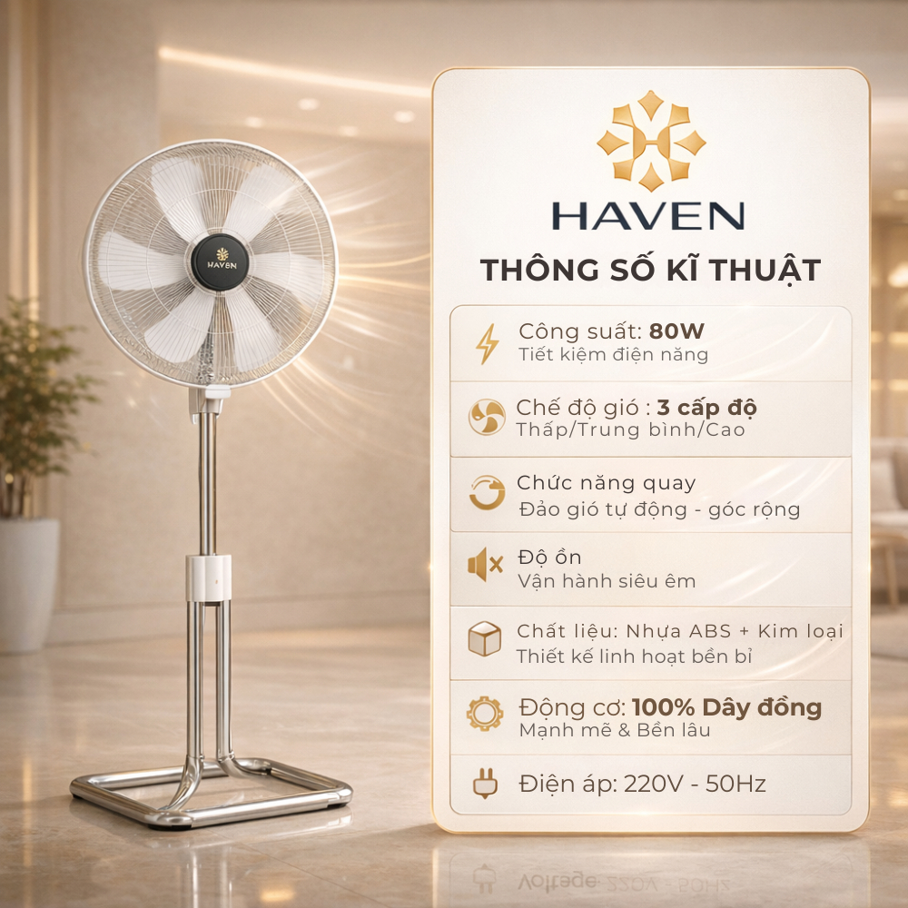 Quạt Cây HAVEN HVS 500 & HVS 600 Cao Cấp – Gió Mạnh, Êm Ái, Tiết Kiệm Điện Bảo Hành 5 Năm