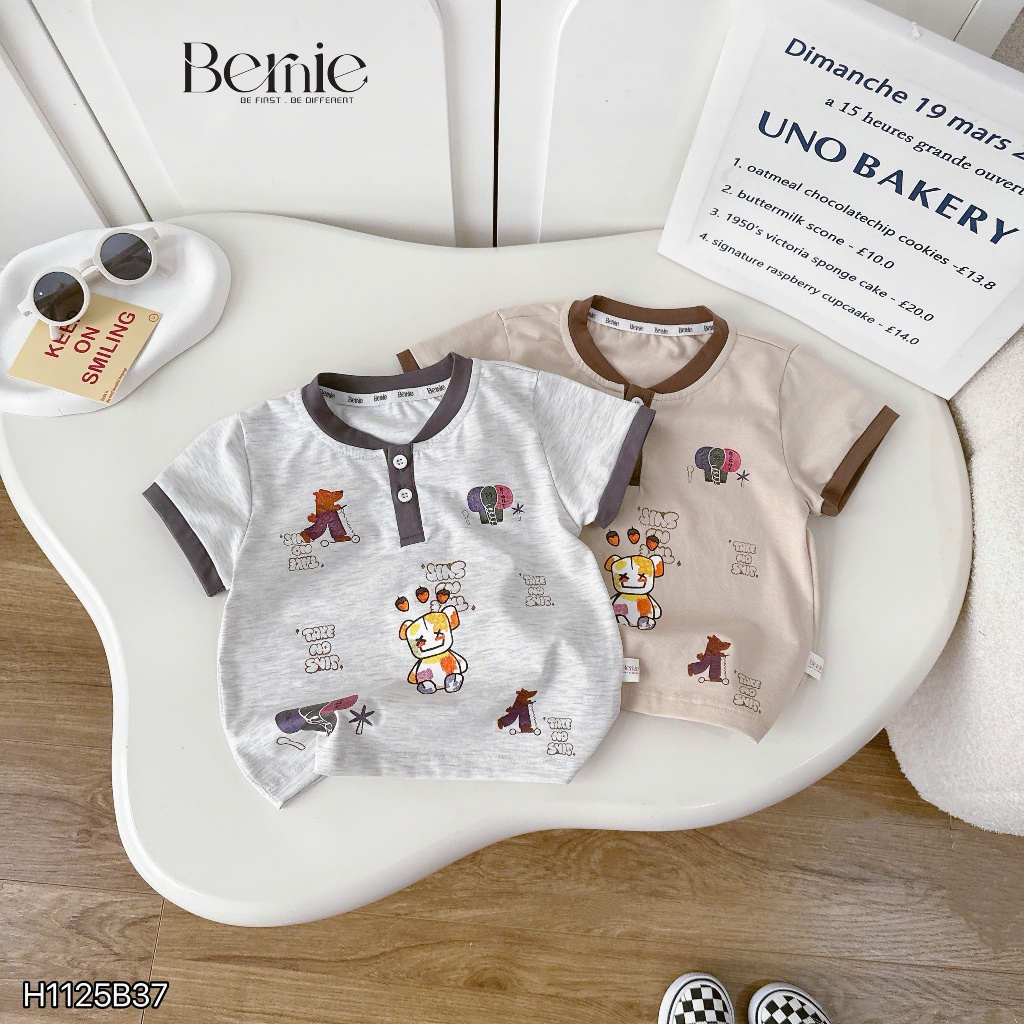 (Hãng Bernie)Bộ quần áo cổ tàu cộc tay họa tiết hoạt hình TAKE NO SHIS ,.chất  cotton co giãn, mềm mại cho bé đi học