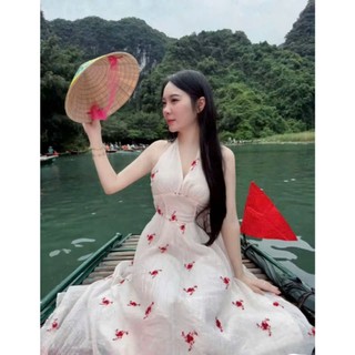 Đầm maxi cổ yếm dáng xòe | style tiểu thư | mặc đi biển cực xinh