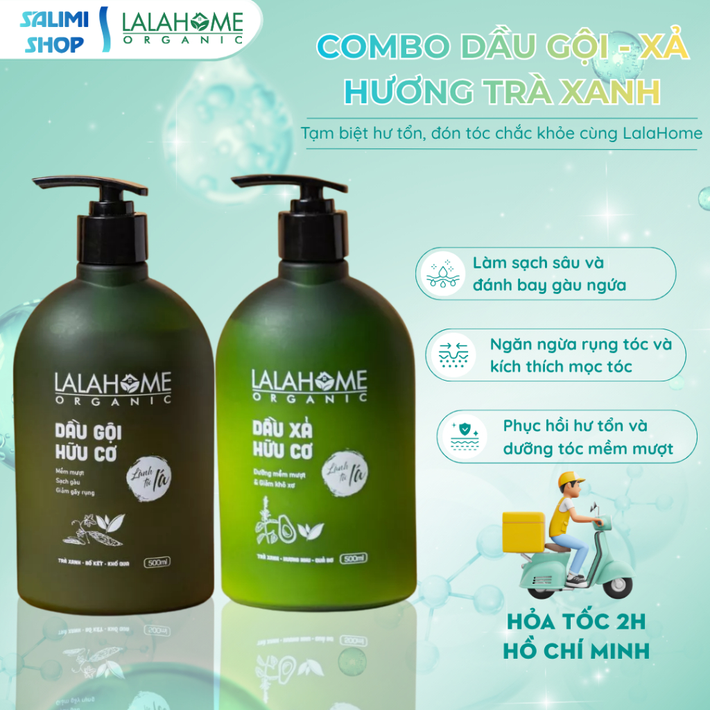 (Hỏa tốc) Combo Dầu Gội - Xả Hữu Cơ LALAHOME 500ml, Hương Trà Xanh, Ngăn Ngừa Gàu, Rụng, Tóc Chắc Khỏe