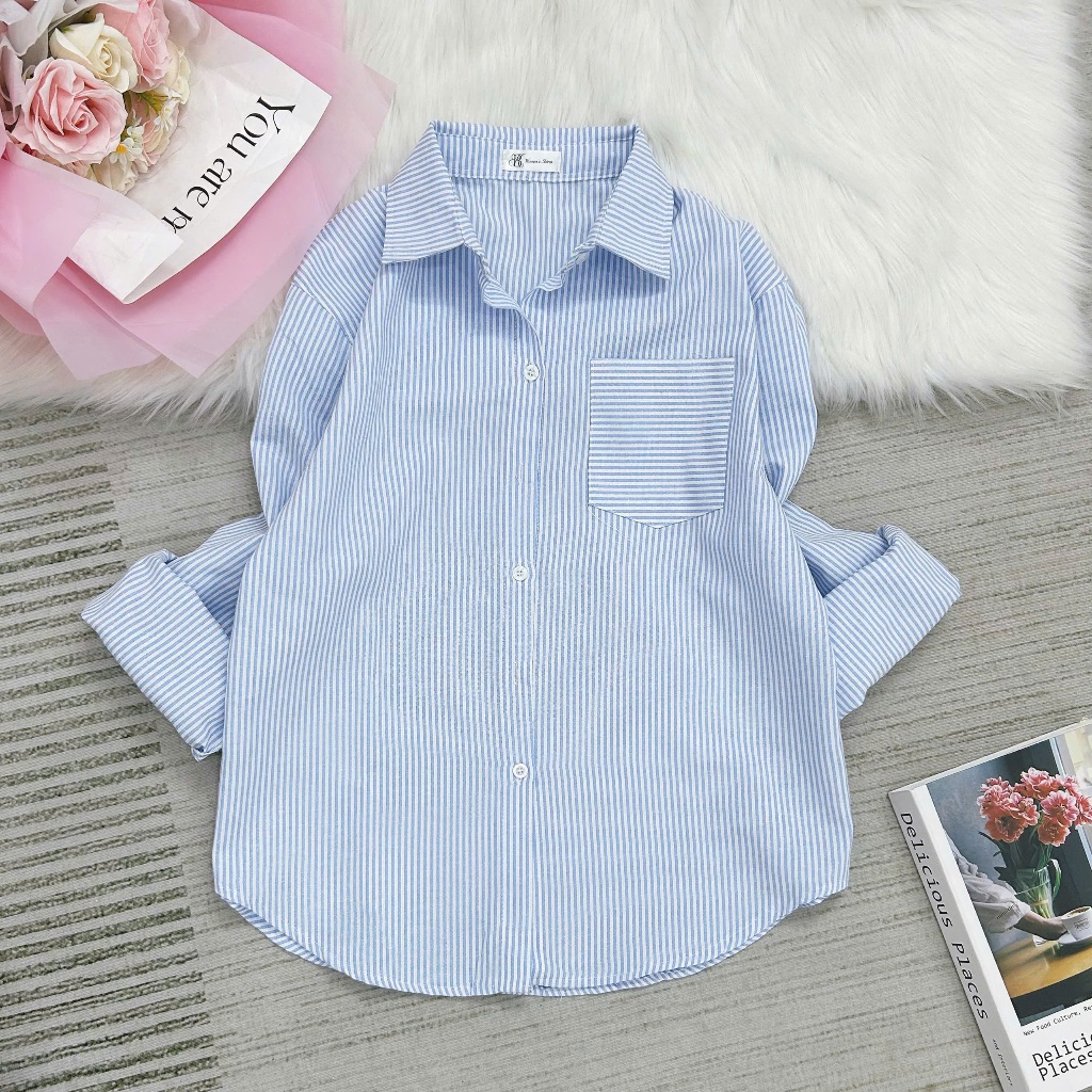Áo Sơ Mi Nữ Tay Dai Kẻ Sọc Form Rộng Dễ Phối Đi Chơi Chất Vải Thô Mềm Mịn Thoáng Mát