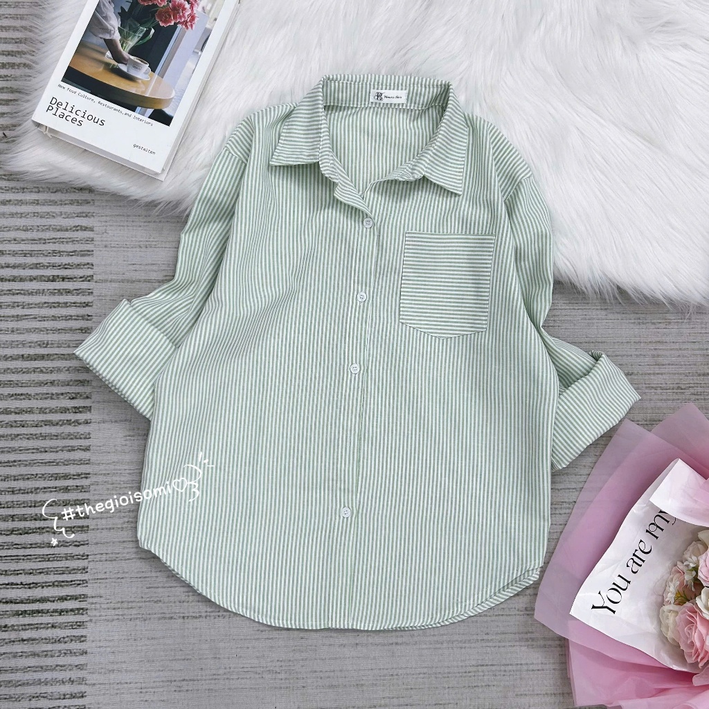 Áo Sơ Mi Nữ Tay Dai Kẻ Sọc Form Rộng Dễ Phối Đi Chơi Chất Vải Thô Mềm Mịn Thoáng Mát