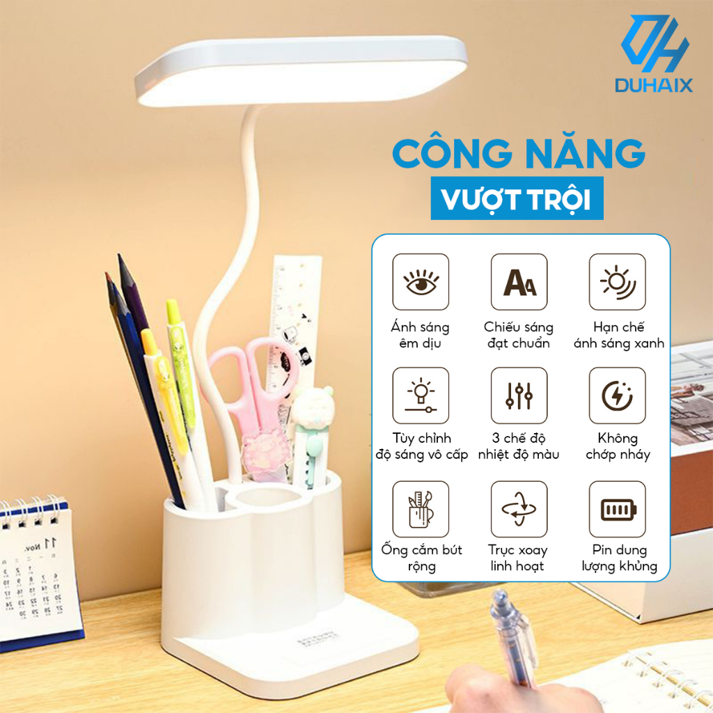 Đèn học để bàn chống cận bảo vệ mắt, Tích điện 2000mAh, 3 chế độ ánh sáng, Tích hợp hộp bút 3 ngăn, BH 12th