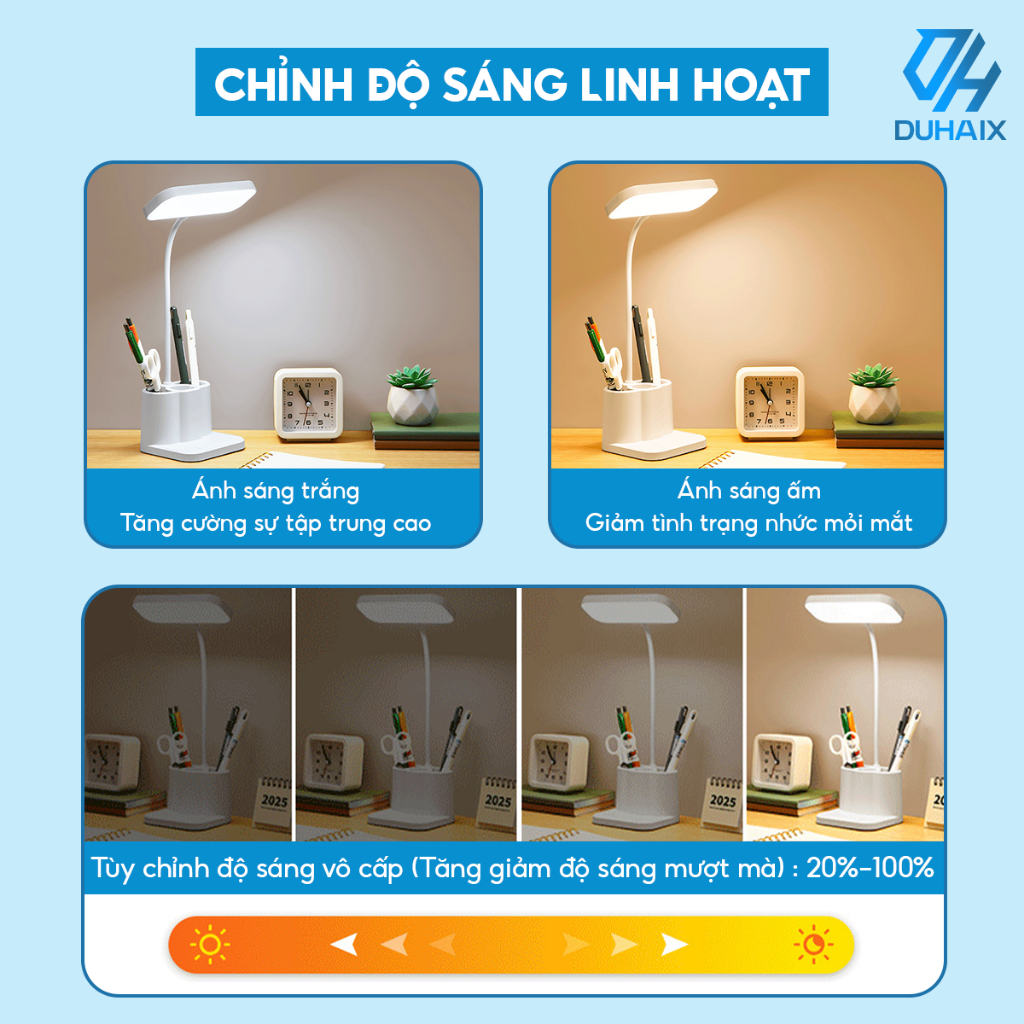 Đèn học để bàn chống cận bảo vệ mắt, Tích điện 2000mAh, 3 chế độ ánh sáng, Tích hợp hộp bút 3 ngăn, BH 12th
