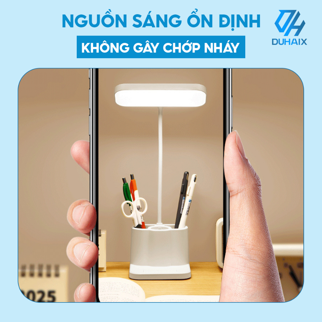 Đèn học để bàn chống cận bảo vệ mắt, Tích điện 2000mAh, 3 chế độ ánh sáng, Tích hợp hộp bút 3 ngăn, BH 12th