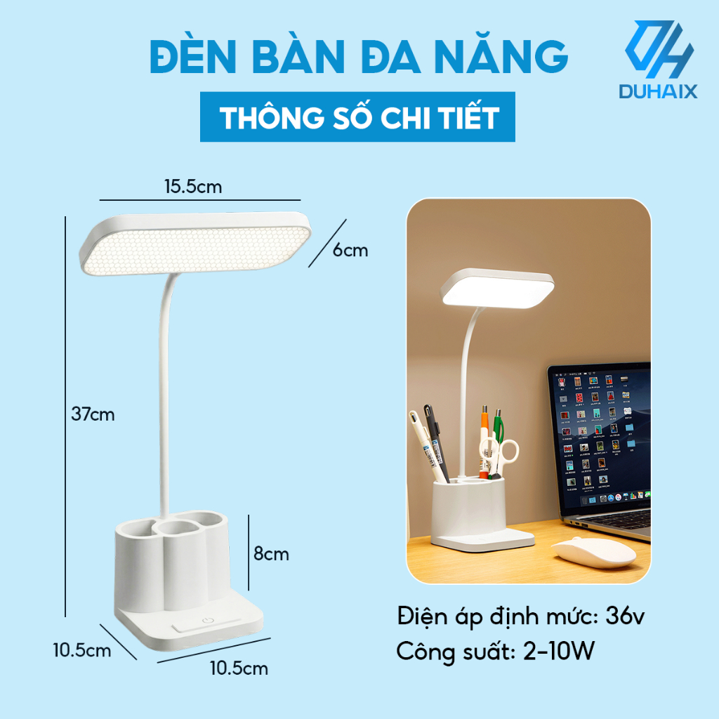 Đèn học để bàn chống cận bảo vệ mắt, Tích điện 2000mAh, 3 chế độ ánh sáng, Tích hợp hộp bút 3 ngăn, BH 12th