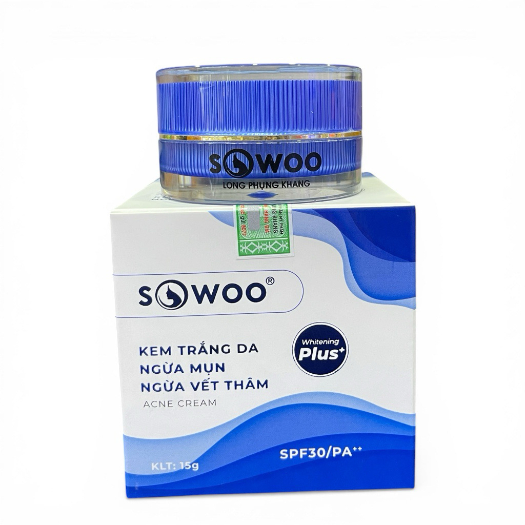 Kem mụn SOWOO (Long Phụng Khang) Whitening Plus+ SPF30/PA++ – Giảm mụn, mờ thâm, dưỡng trắng da 15g