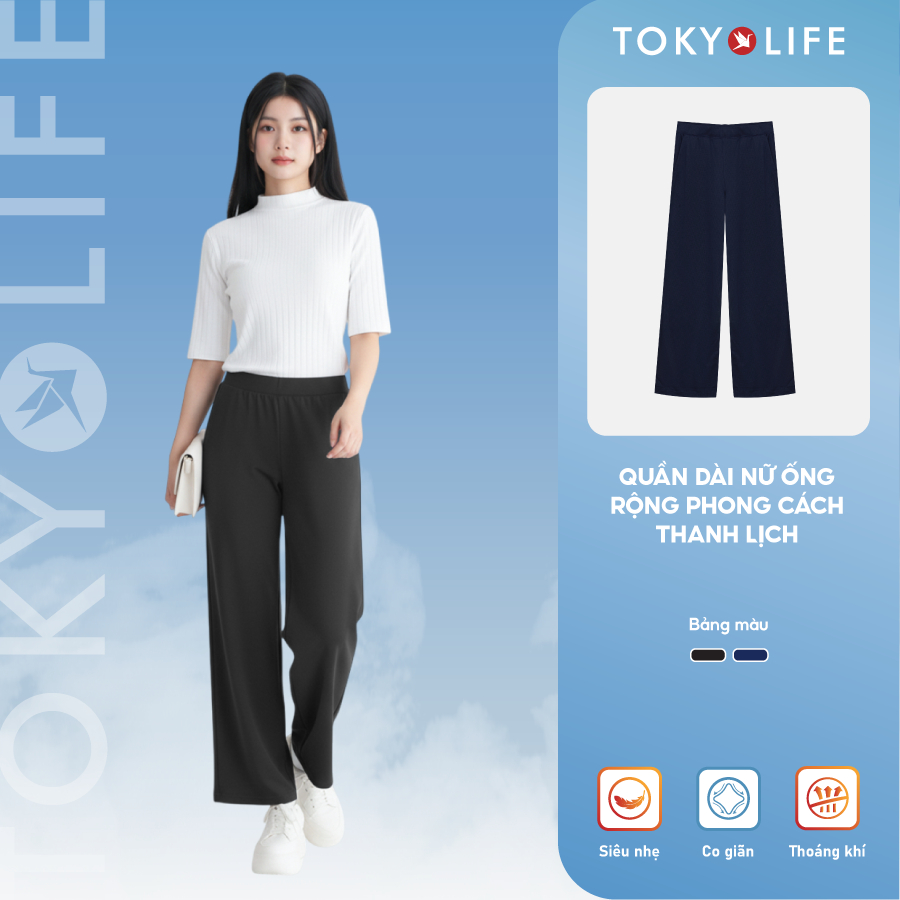 Quần ống rộng nữ TOKYOLIFE cạp chun dây túi dọc mềm mại co giãn 40002392