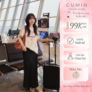 Set áo váy phông GUMIN thiết kế áo in hình chữ kèm chân váy đen dài sang chảnh, Set đồ kiểu nữ nhẹ nhàng thanh lịch