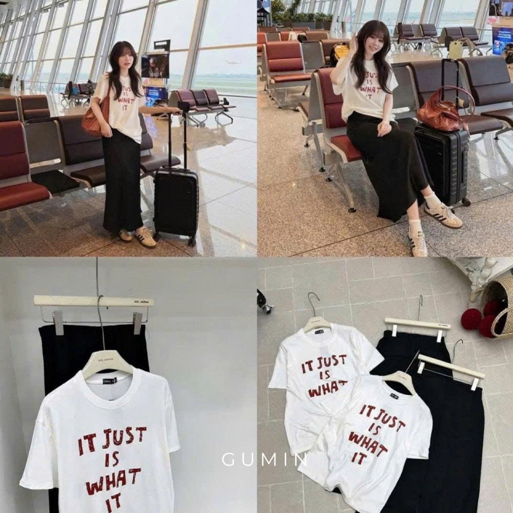 Set áo váy phông GUMIN thiết kế áo in hình chữ kèm chân váy đen dài sang chảnh, Set đồ kiểu nữ nhẹ nhàng thanh lịch