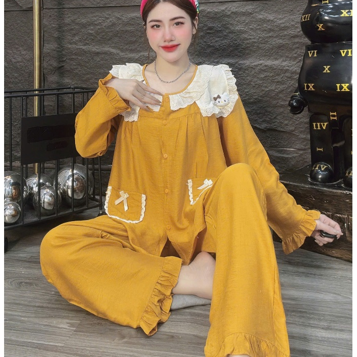 Đồ ngủ dễ thương,đồ bộ nữ đồ mặc nhà,pijama đũi tiểu thư dài tay trơn cổ áo hello kitty hottrend[20]