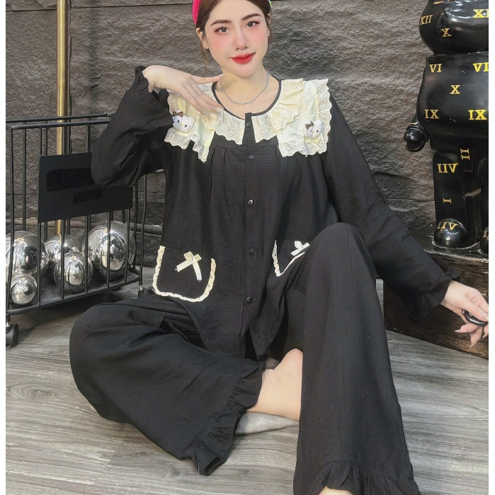 Đồ ngủ dễ thương,đồ bộ nữ đồ mặc nhà,pijama đũi tiểu thư dài tay trơn cổ áo hello kitty hottrend[20]