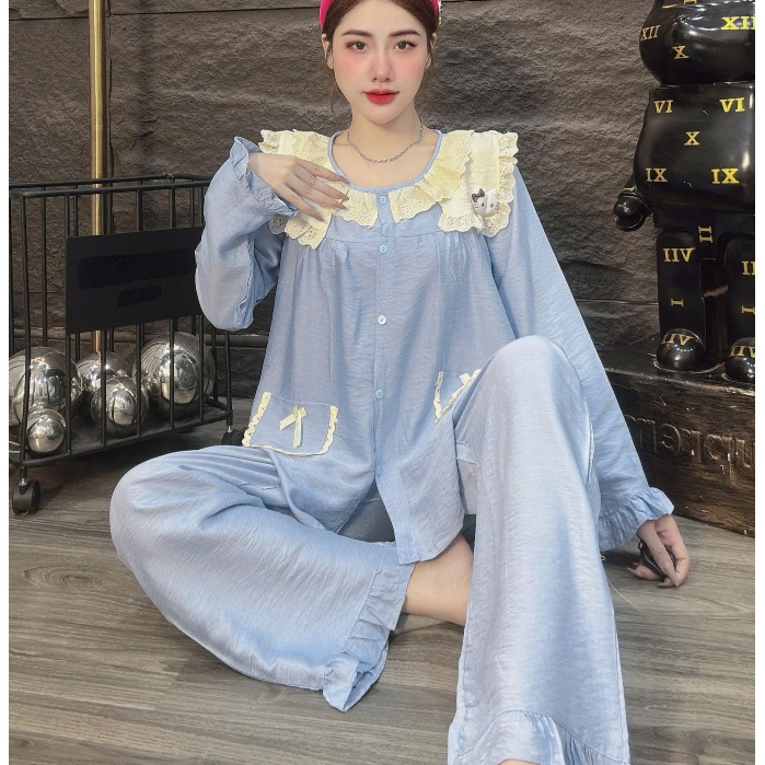 Đồ ngủ dễ thương,đồ bộ nữ đồ mặc nhà,pijama đũi tiểu thư dài tay trơn cổ áo hello kitty hottrend[20]