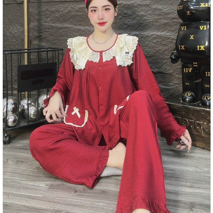 Đồ ngủ dễ thương,đồ bộ nữ đồ mặc nhà,pijama đũi tiểu thư dài tay trơn cổ áo hello kitty hottrend[20]