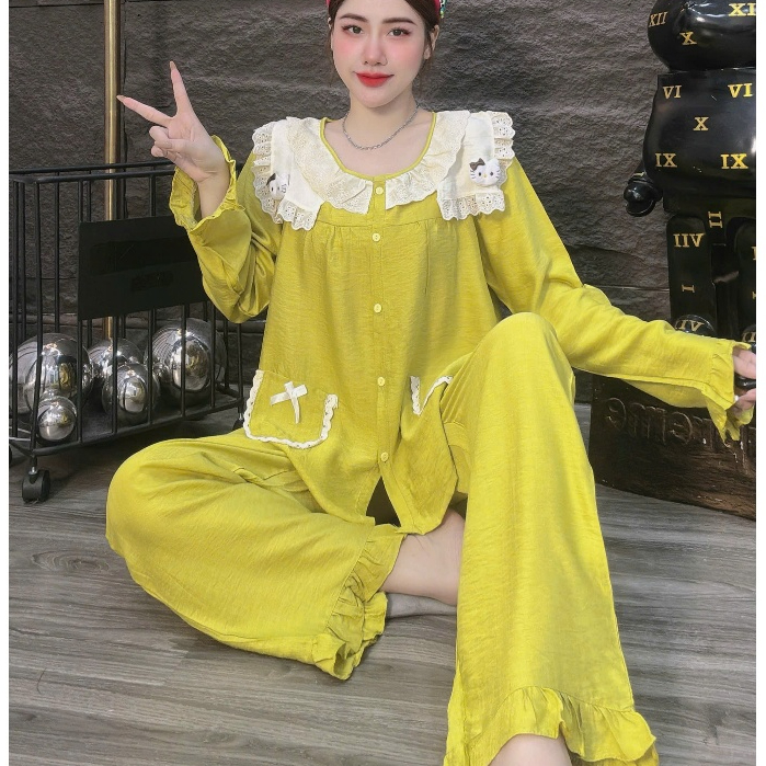 Đồ ngủ dễ thương,đồ bộ nữ đồ mặc nhà,pijama đũi tiểu thư dài tay trơn cổ áo hello kitty hottrend[20]