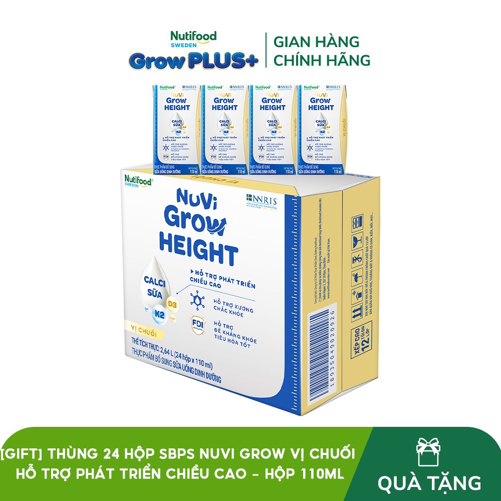 [GIFT] Thùng 24 hộp SBPS Nuvi Grow vị chuối 1+ hỗ trợ phát triển chiều cao hộp 110ml