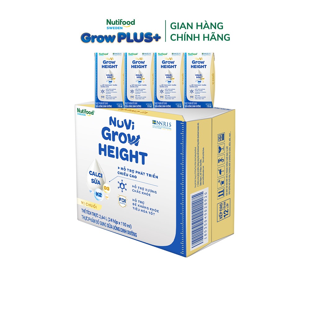 [GIFT] Thùng 24 hộp SBPS Nuvi Grow vị chuối 1+ hỗ trợ phát triển chiều cao hộp 110ml