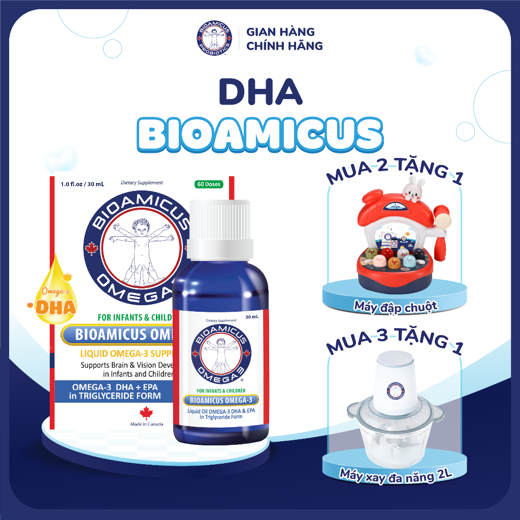 [Quà Hot] BioAmicus Omega-3 DHA cho trẻ thông minh sáng mắt lọ 30mL - Tặng đồ chơi máy đập chuột & máy xay đa năng 2L