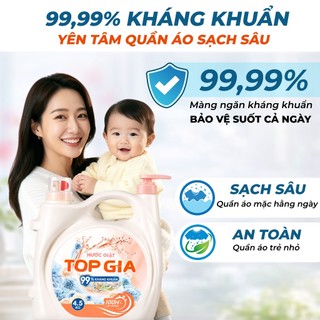 Can Nước Giặt Xả TopGia 2 Vòi Tiện Lợi 4.5KG Lưu Hương Thơm 100H, Kháng Khuẩn 99%, Làm Sạch Nhanh