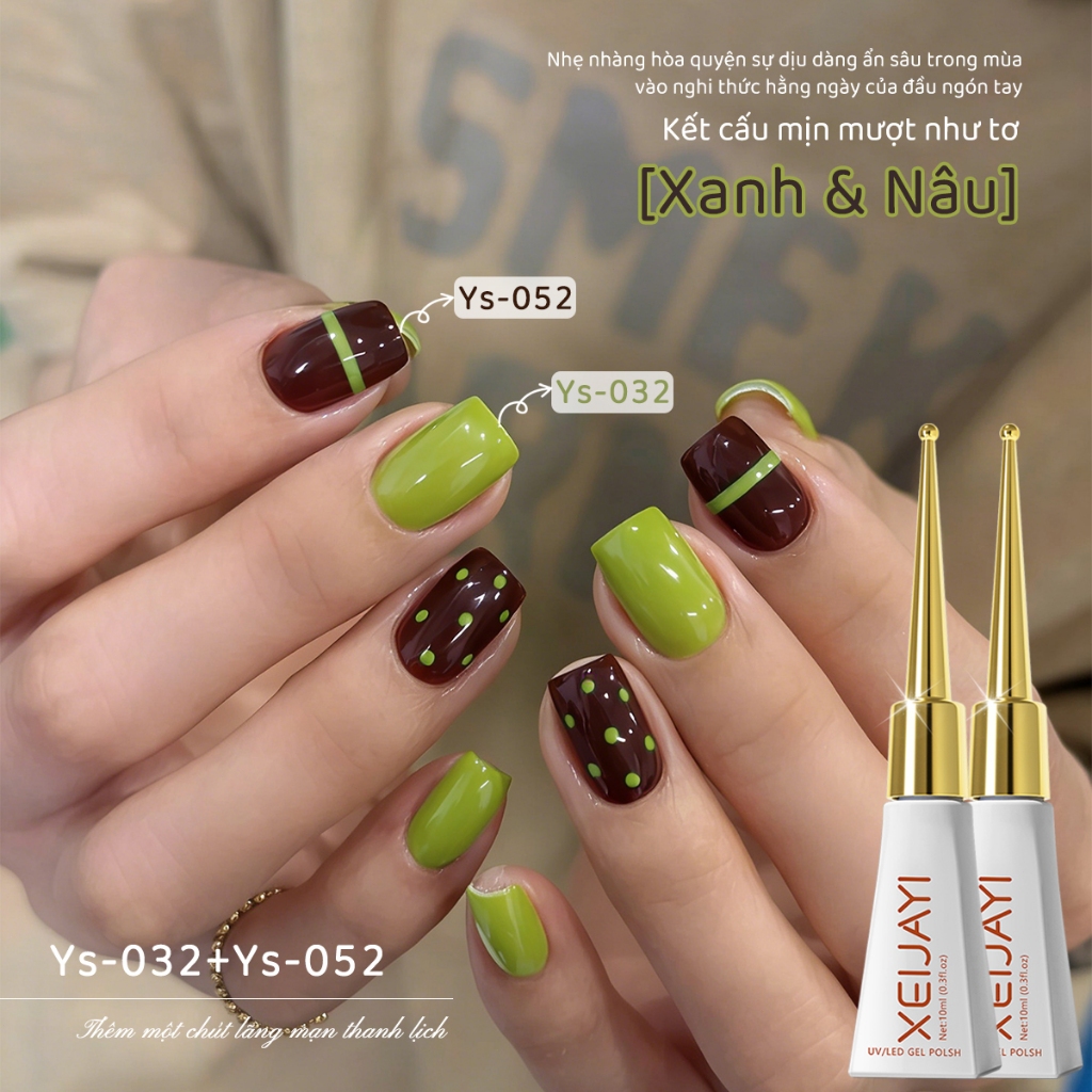 XEIJAYI 10ml - Bộ sơn gel móng tay hai tông màu xanh lá và nâu mới, thích hợp cho việc tự làm nghệ thuật vẽ móng.