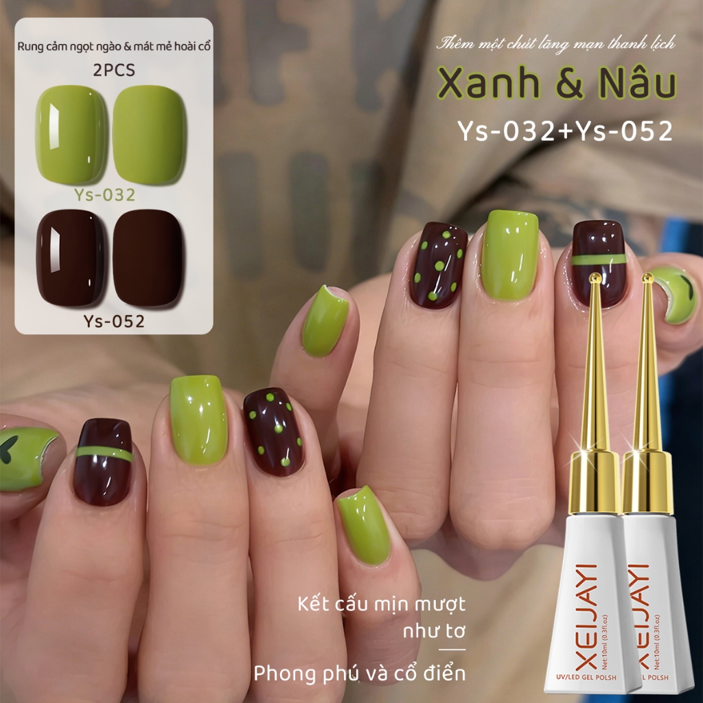 XEIJAYI 10ml - Bộ sơn gel móng tay hai tông màu xanh lá và nâu mới, thích hợp cho việc tự làm nghệ thuật vẽ móng.