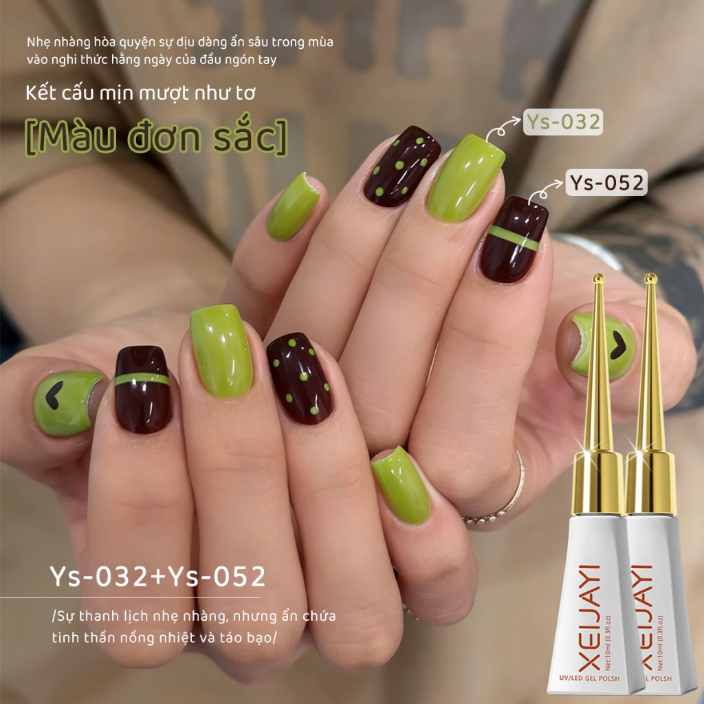 XEIJAYI 10ml - Bộ sơn gel móng tay hai tông màu xanh lá và nâu mới, thích hợp cho việc tự làm nghệ thuật vẽ móng.