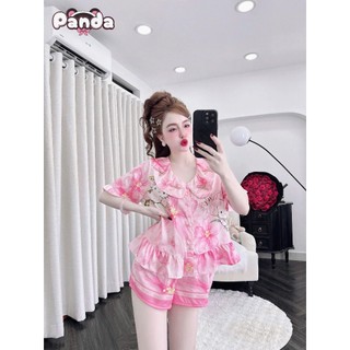 Bộ đồ ngủ đùi thiết kế viền bèo cổ sen đính nơ (DB19)