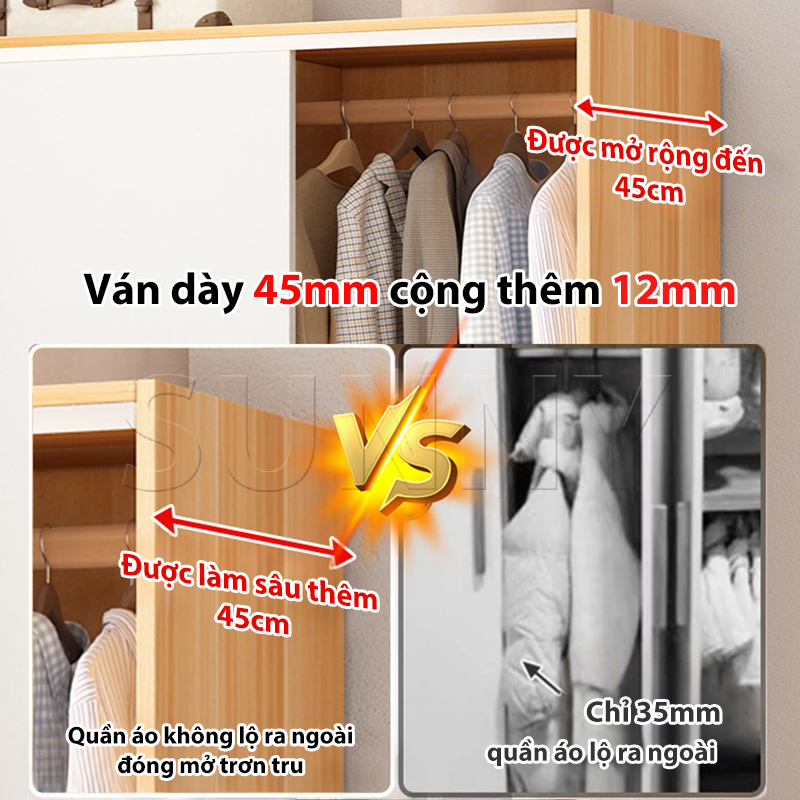 Sunny Tủ Quần Áo, Tủ Cửa Lùa, Gỗ Hiện Đại 80/100/120cm, Sâu 45cm, Hợp Phòng Ngủ Nhỏ